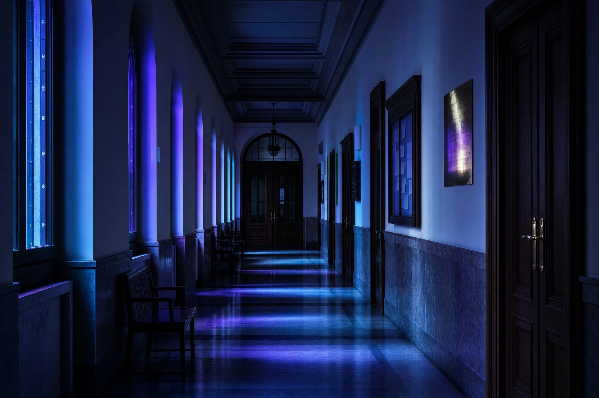 Corridoio di municipio storico notturno, archi simmetrici e porte in legno, luce aurora viola-blu sul pavimento di pietra.