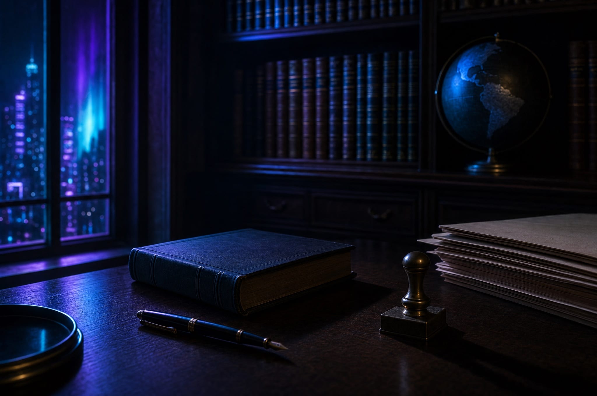 Studio legale notturno con libro rilegato, penna stilografica, timbro e mappamondo — finestra con aurora viola-blu.