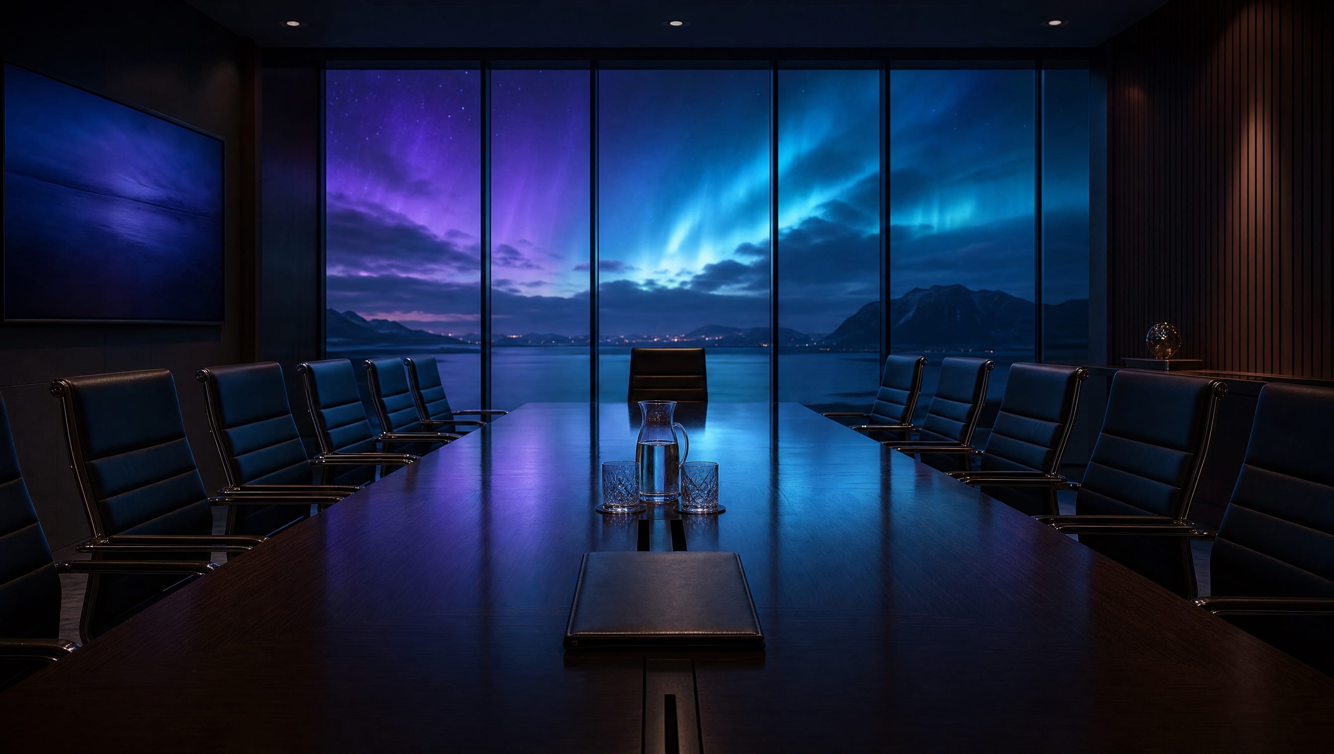Sala riunioni aziendale con lunga tavolo lucido, sedie in pelle vuote e vetrata a tutta altezza con aurora sopra una vista alpina.