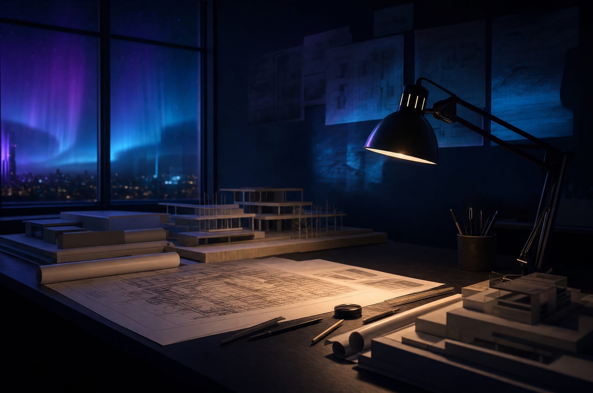 Tavolo da disegno di uno studio di architettura notturno con plastici, blueprint e una lampada — aurora violet e cyan attraverso la finestra.