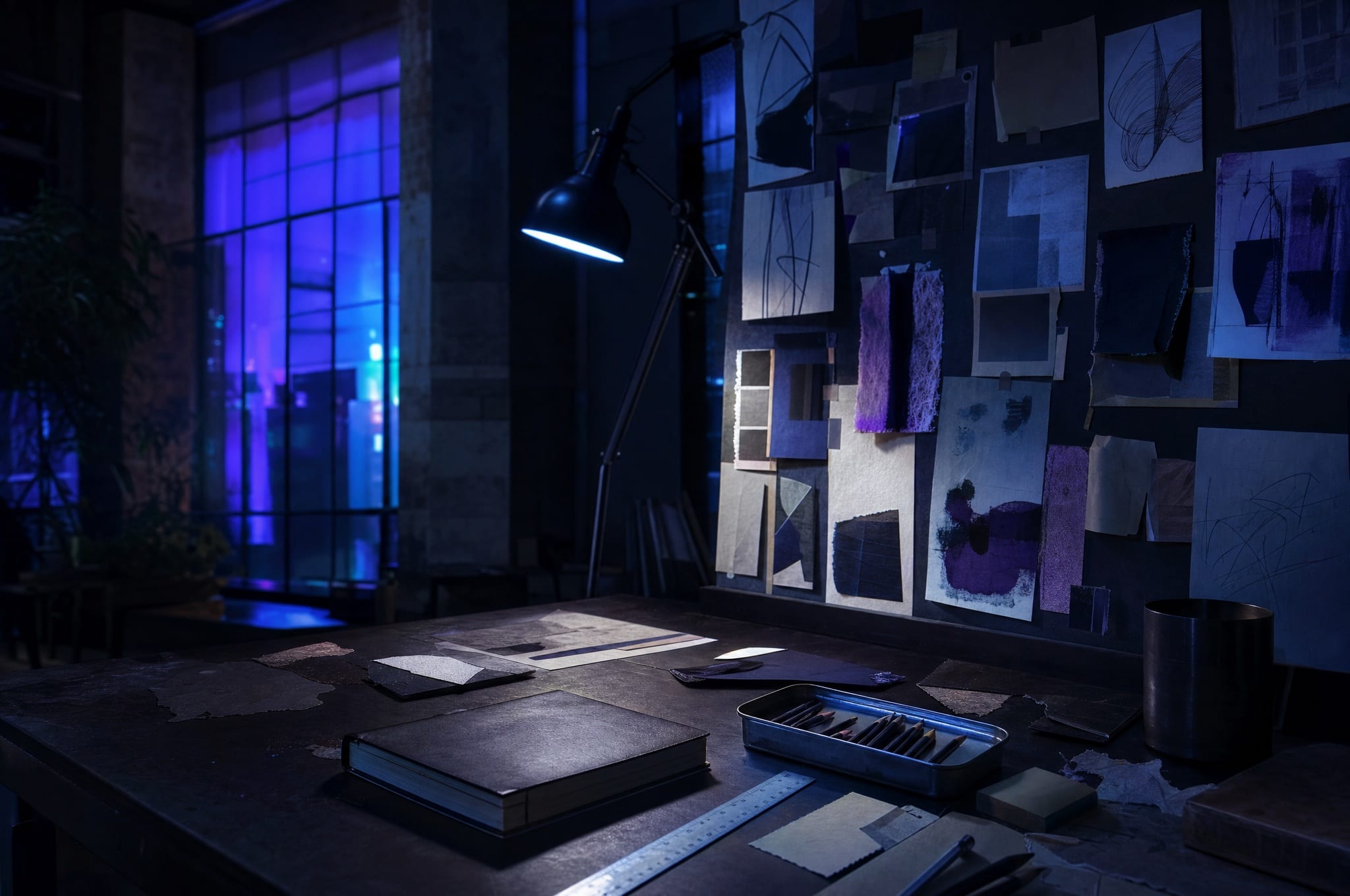 Tavolo di studio creativo con bacheca di moodboard, scatola di pennelli e quaderno, illuminato di blu e viola.